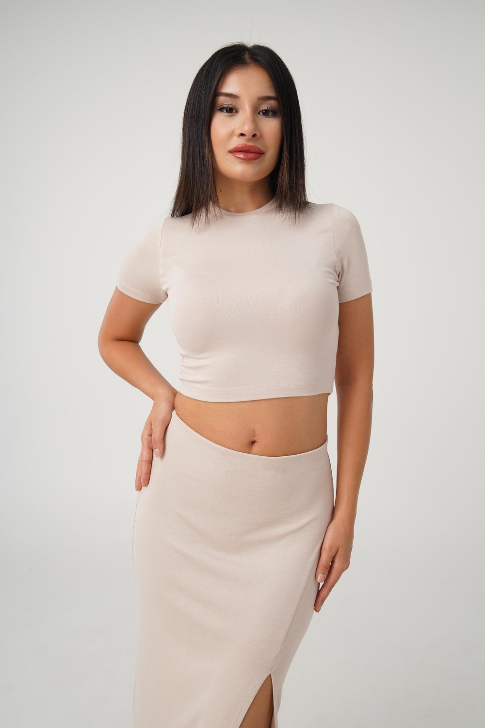 Yırtmaçlı Etek Crop Basic Bej İkili Takım