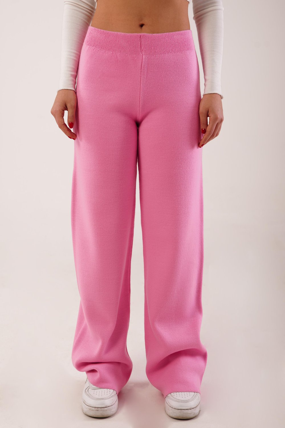 Yüksek Bel Bol Paça Pembe Triko Pantolon
