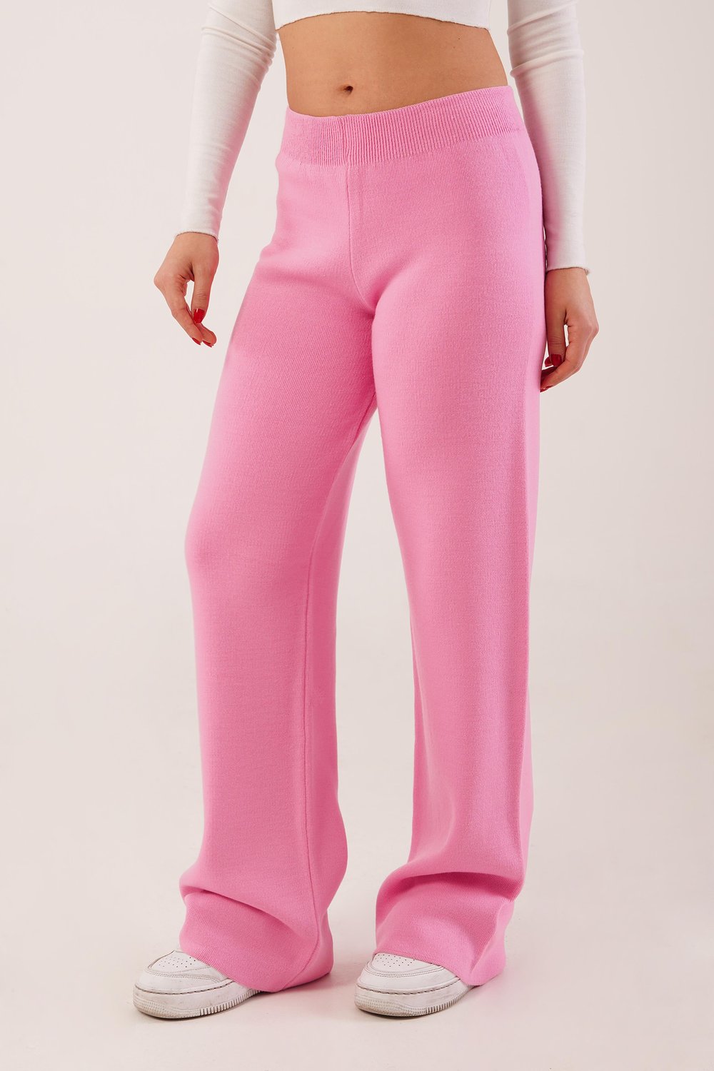 Yüksek Bel Bol Paça Pembe Triko Pantolon