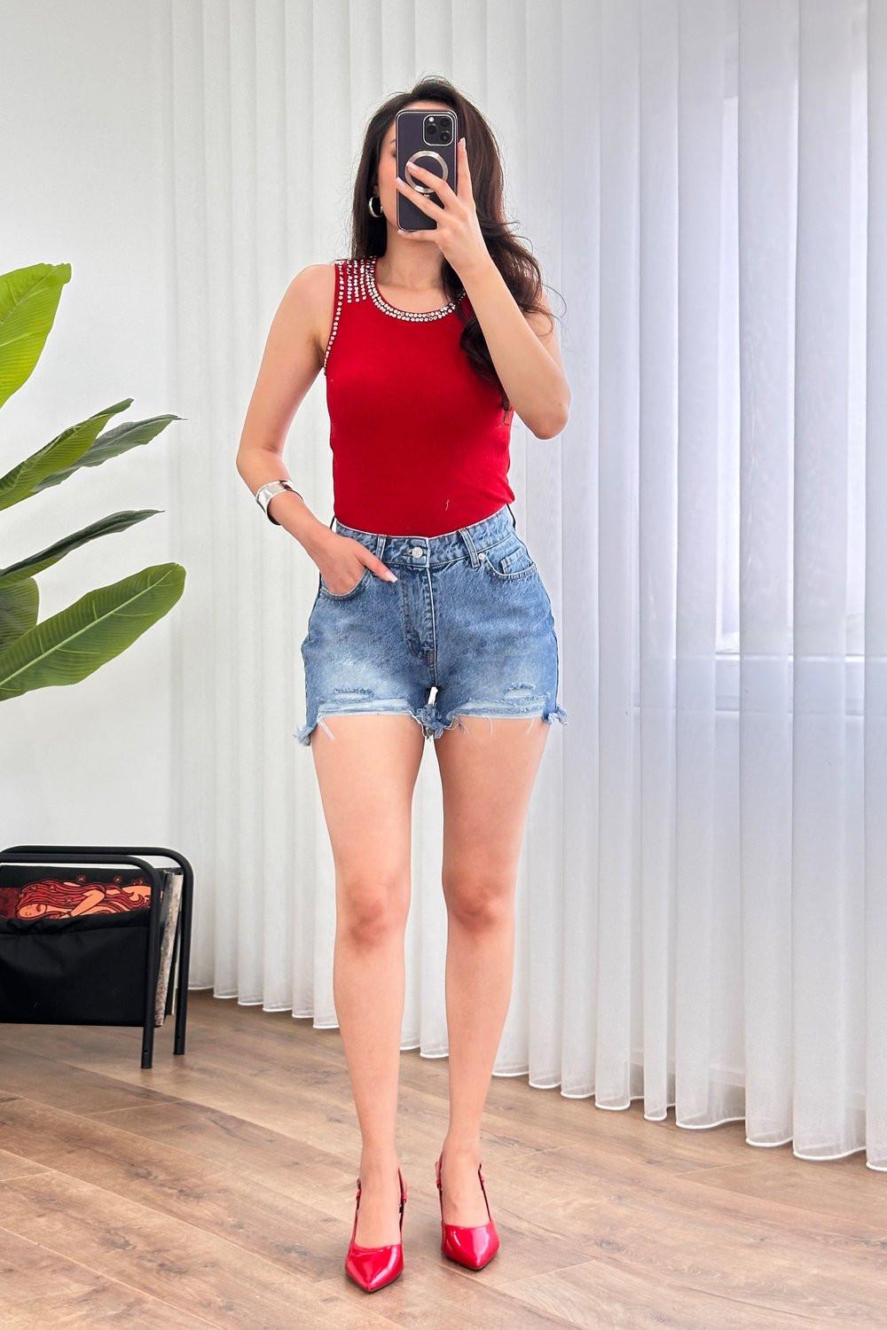 Yüksek Bel Distressed Kot Denim Şort