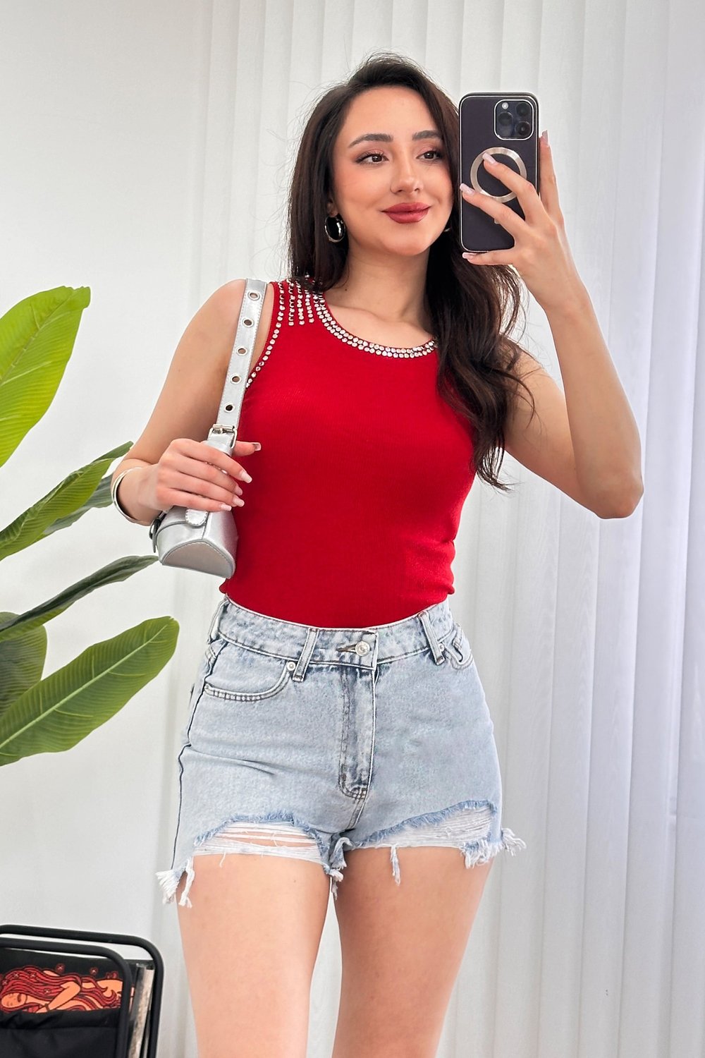 Yüksek Bel Distressed Kot Mavi Denim Şort