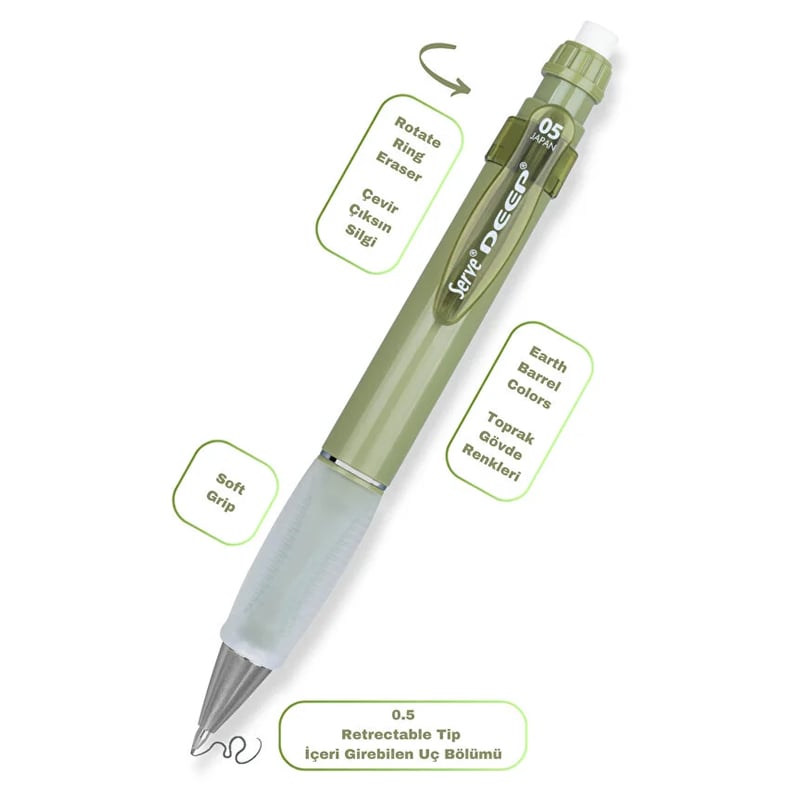 Serve Deep Versatil Kalem 05mm- Toprak Tonları - Yedekli Set (Grip ve Silgi) Yeşil