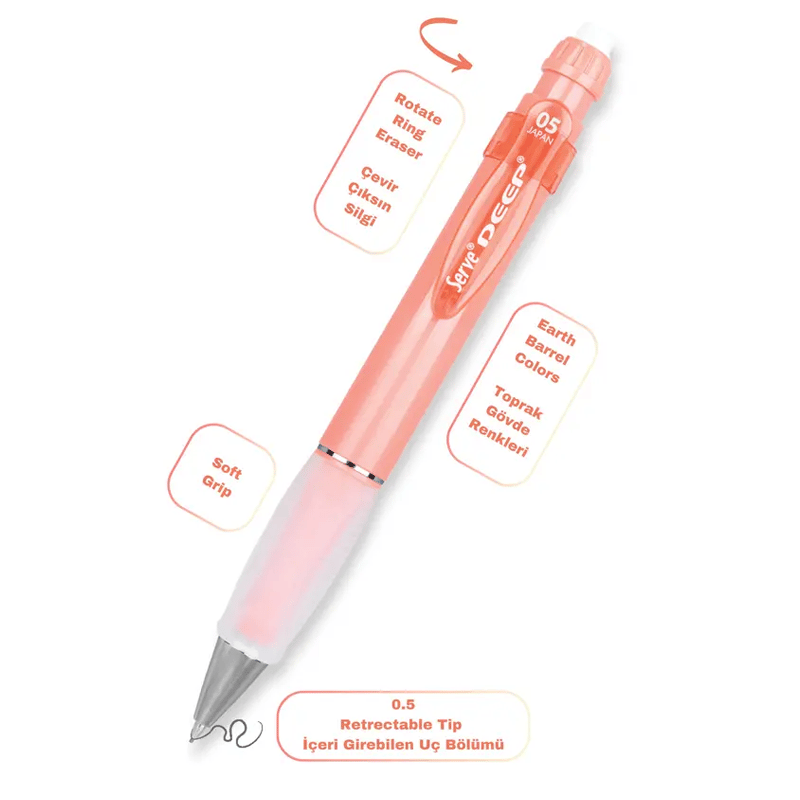 Serve Deep Versatil Kalem 05mm- Toprak Tonları - Yedekli Set (Grip ve Silgi) Pembe