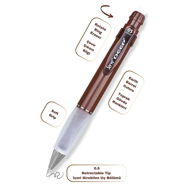 Serve Deep Versatil Kalem 05mm- Toprak Tonları - Yedekli Set (Grip ve Silgi)