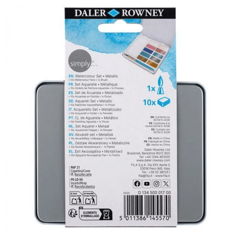 Daler Rowney Sımply Watercolor Sulu Boya Seti Metalik Renkler 10Lu (10 Renk+1 Ad Fırça) Teneke Kutu