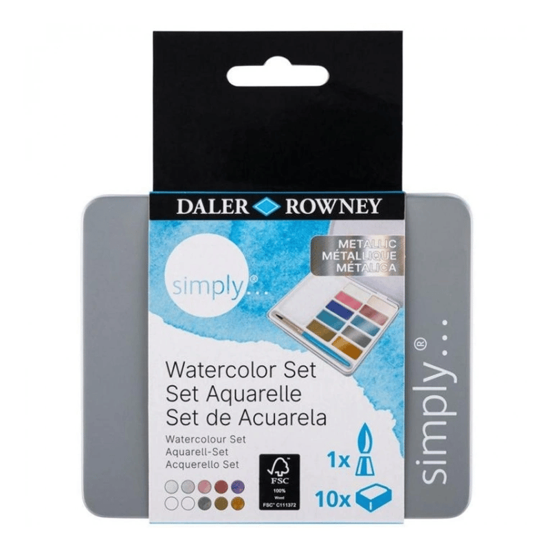 Daler Rowney Sımply Watercolor Sulu Boya Seti Metalik Renkler 10Lu (10 Renk+1 Ad Fırça) Teneke Kutu
