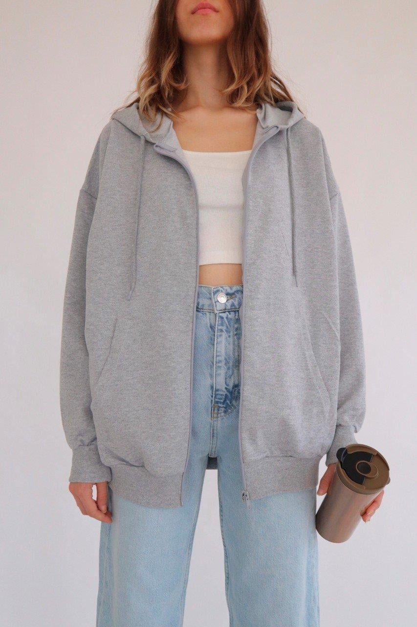 Unisex Gri Fermuarlı Hırka