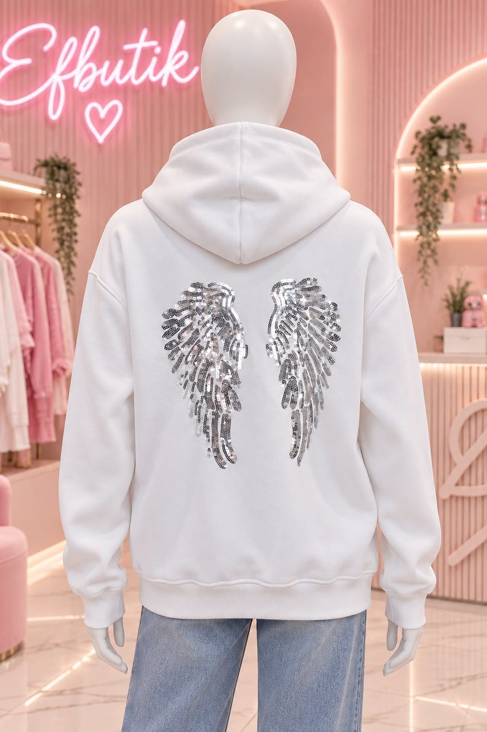 Beyaz Unisex Pul Payet Kanat Desenli Oversize Kapüşonlu Sweatshirt