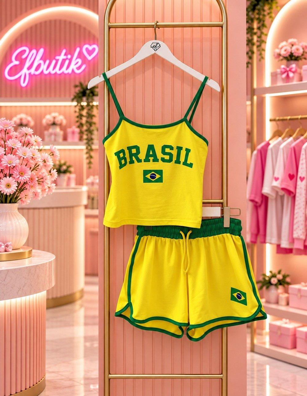Brasil Baskılı Askılı Crop ve Şort Takım