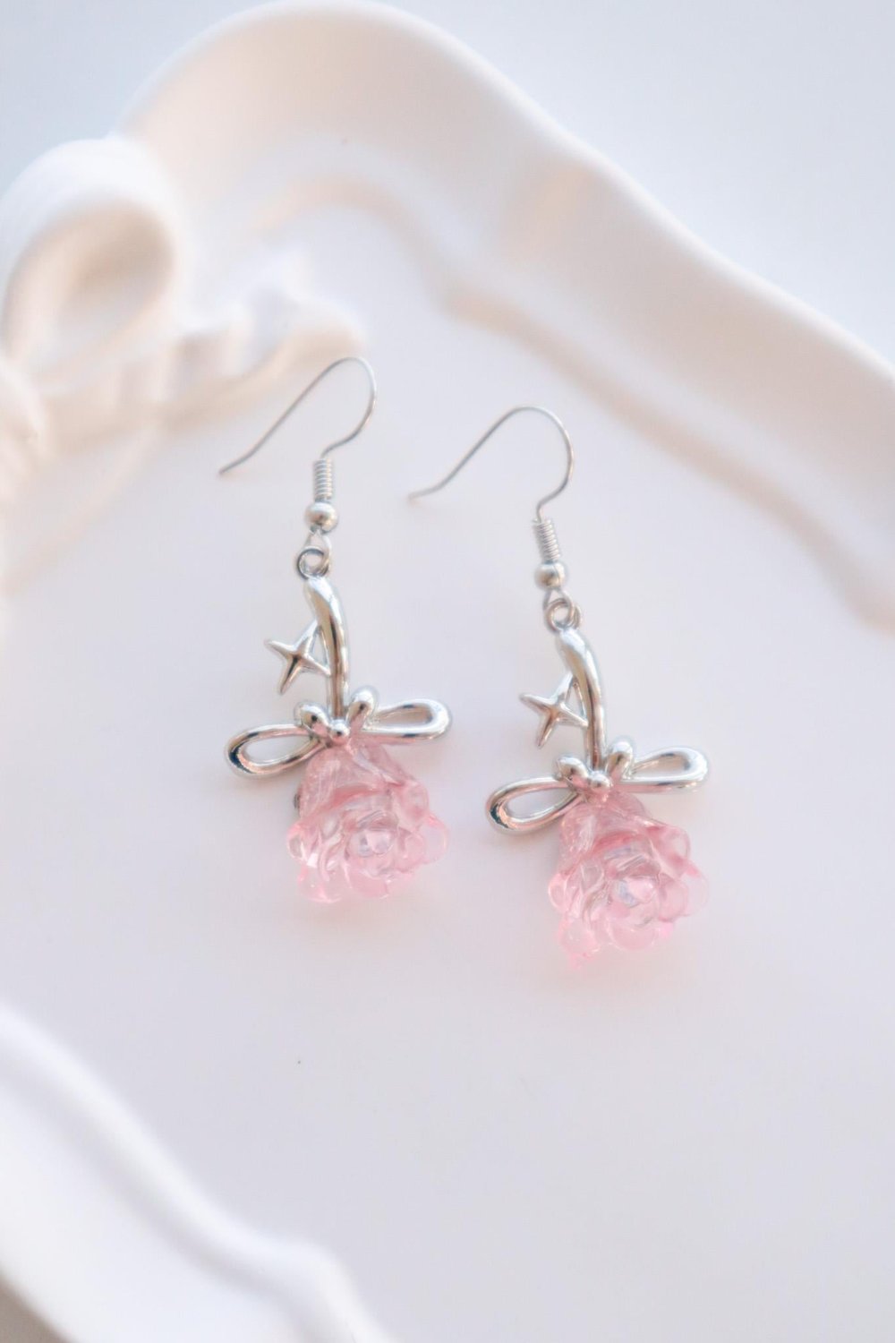 Gümüş Pembe 3D Gül Boyutlu İthal Küpe