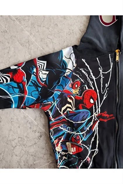 Siyah Spider-Man Trend Streetwear Y2K Kapüşonlu Hırka 