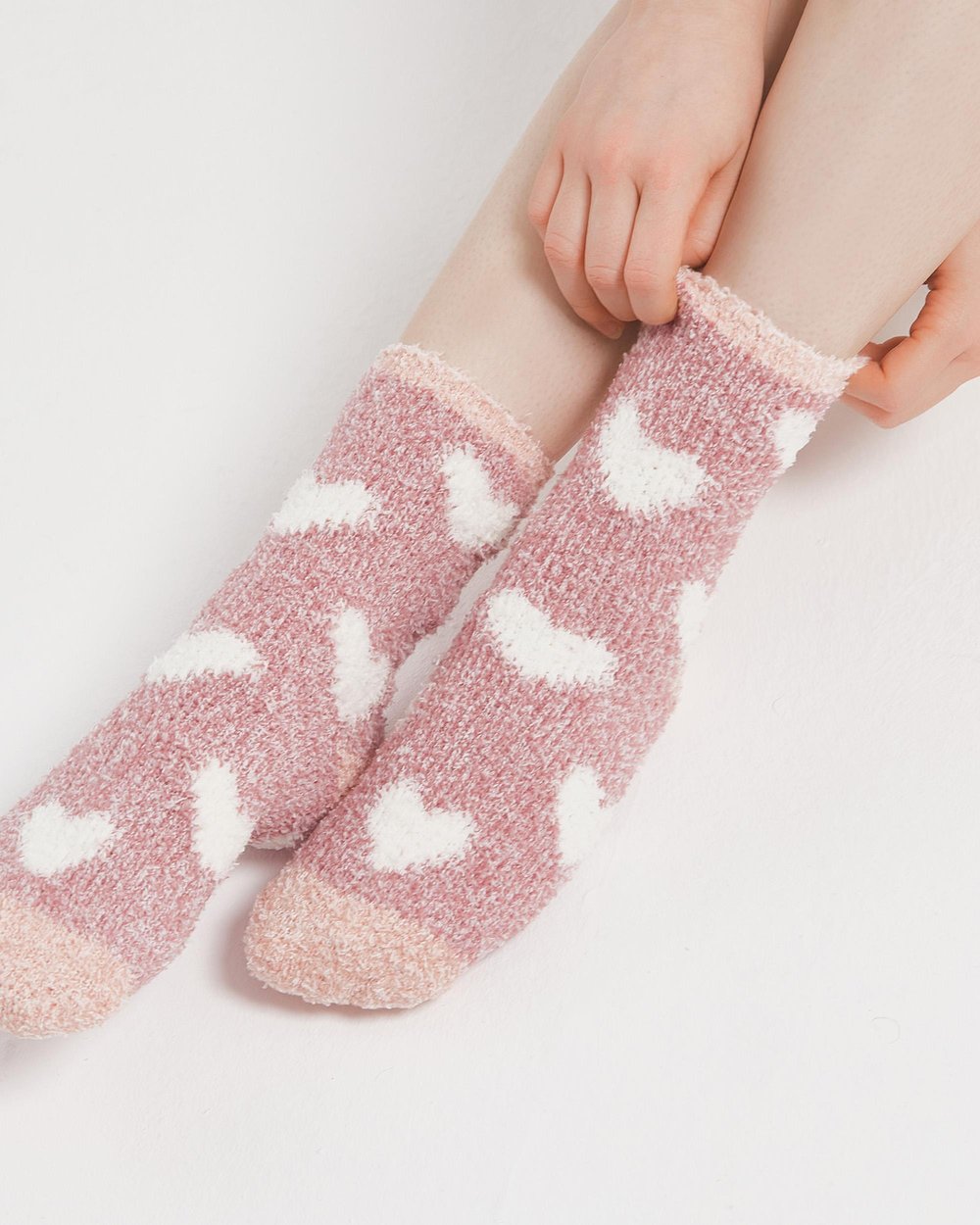 Kadın 2li Kışlık Ev Çorabı Kalpli Çizgili Pembe