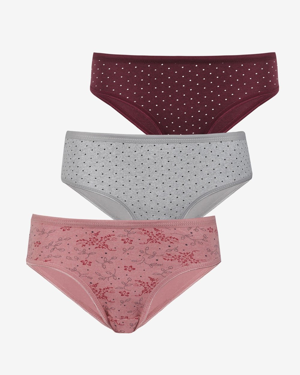 Kadın 3lü Pamuk Slip Külot Nokta ve Çiçek Desen