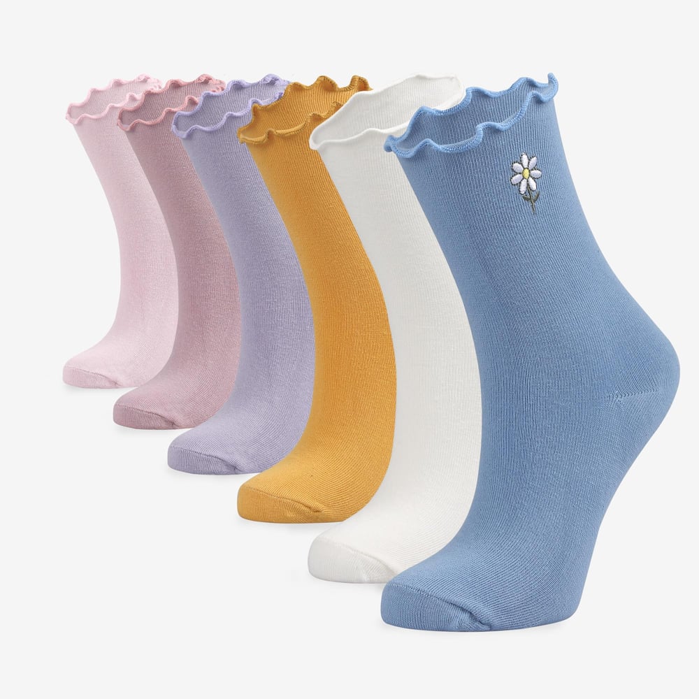 Kadın Papatya Nakışlı Fırfırlı 6lı Çorap Çok Renkli