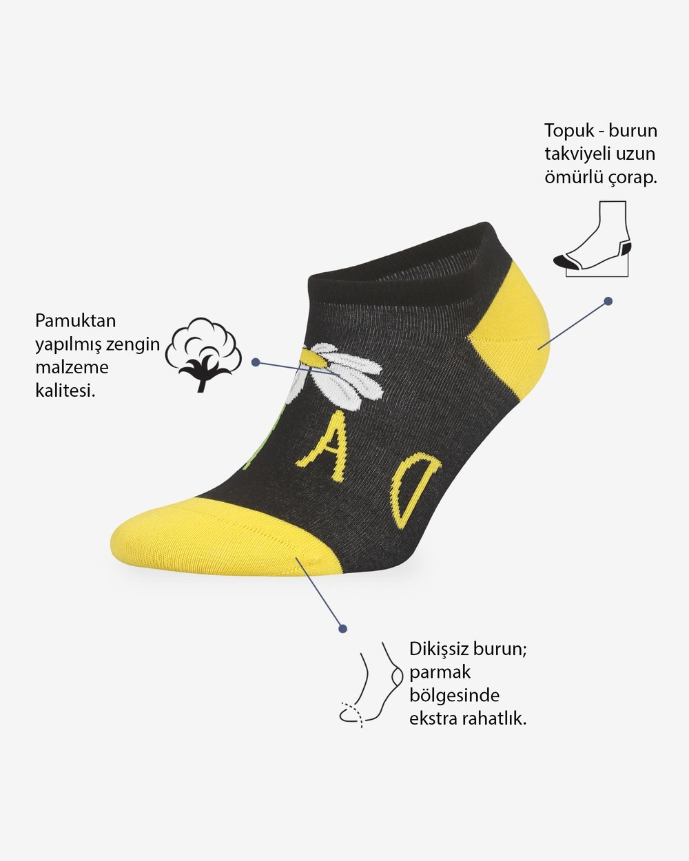 Daisy Desenli Siyah Eşi Farklı Kısa Patik Bilek Çorap