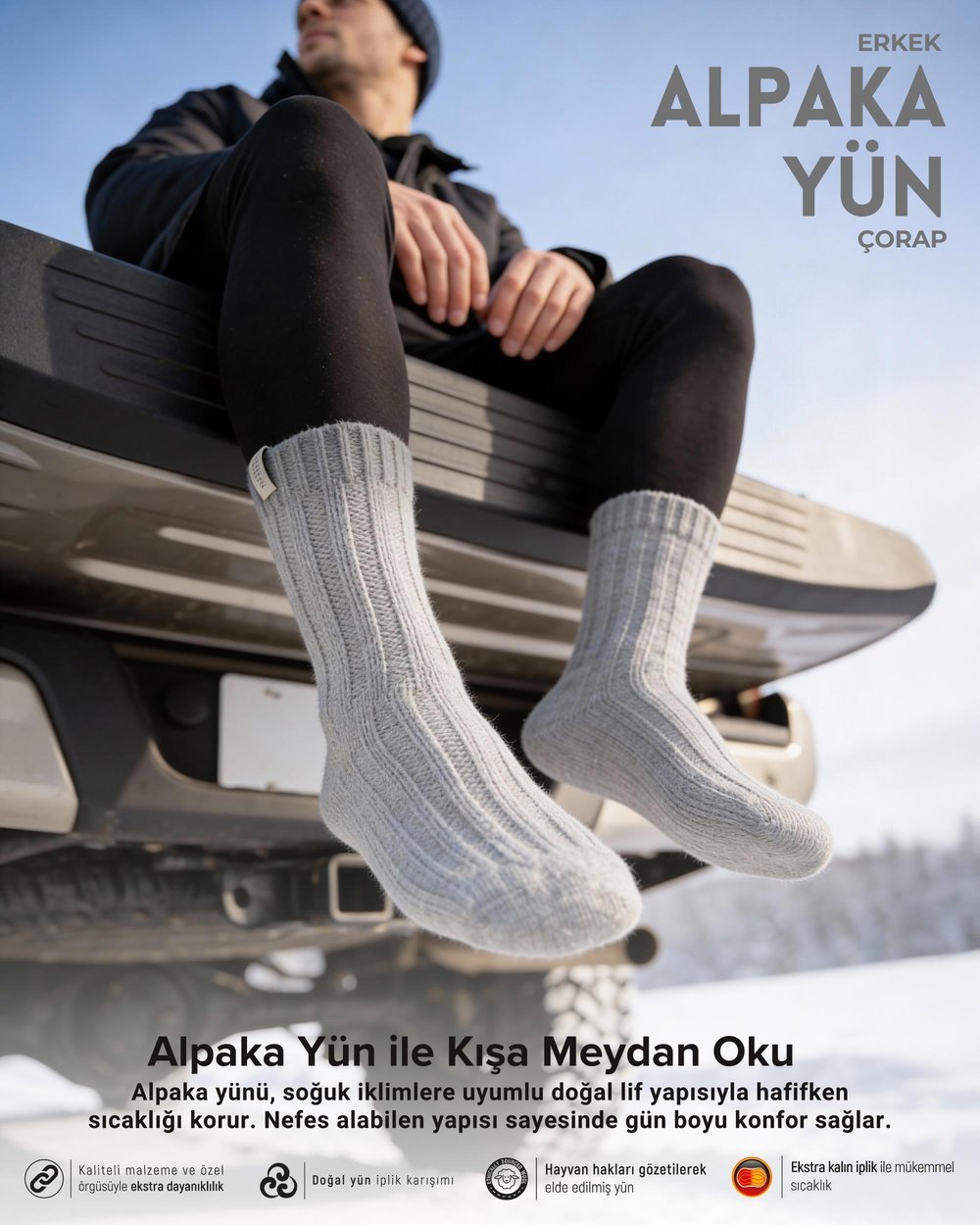 Erkek Alpaka Yün Kışlık Çorap Gri