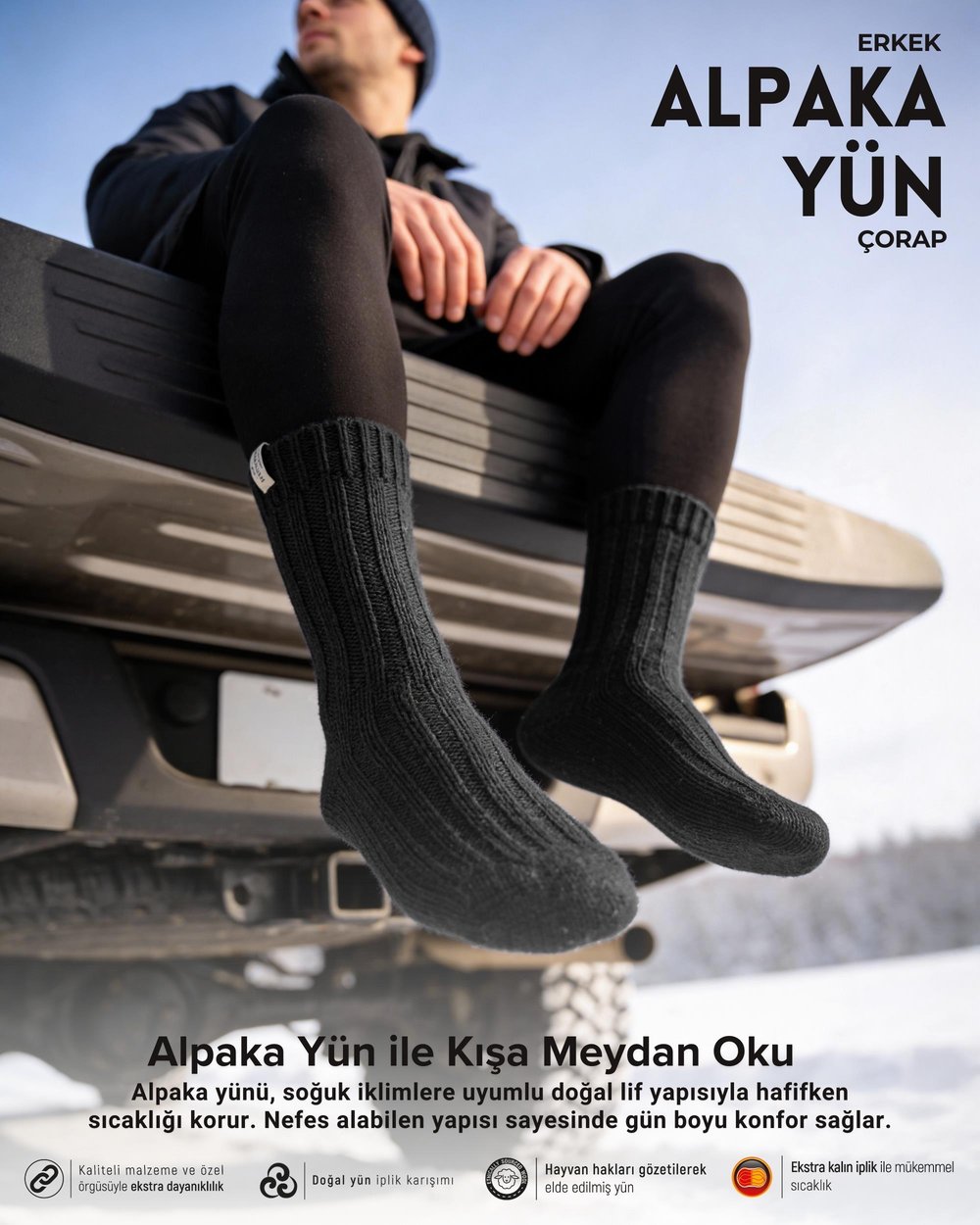 Erkek Alpaka Yün Kışlık Çorap Siyah