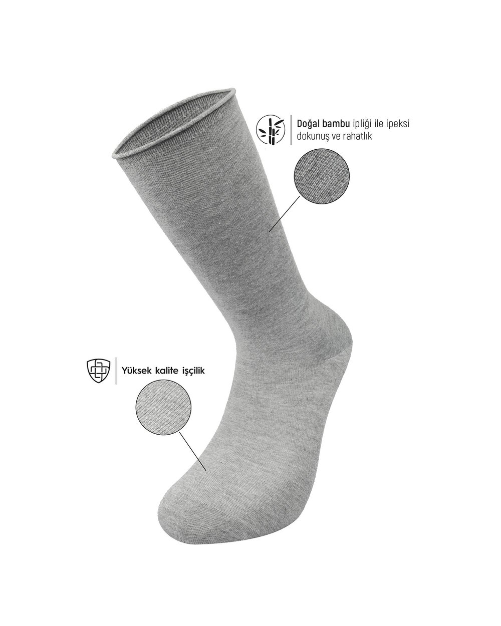 Erkek Roll Top Lastiksiz Dikişsiz Bambu Çorap Gri