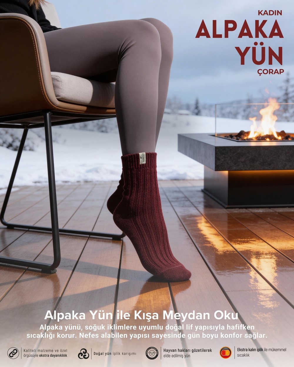 Kadın Alpaka Yün Çorap Bordo