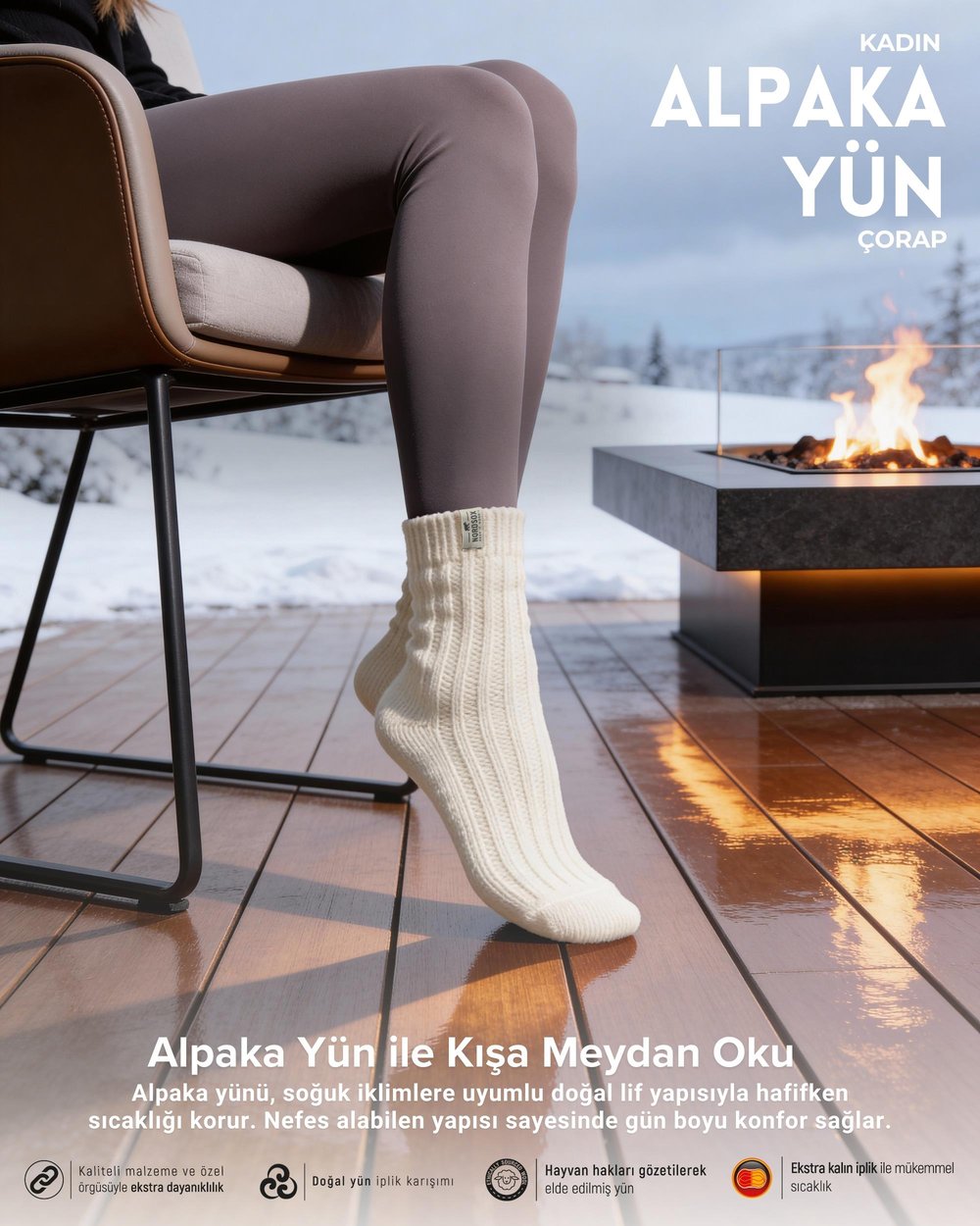 Kadın Alpaka Yün Çorap Ekru