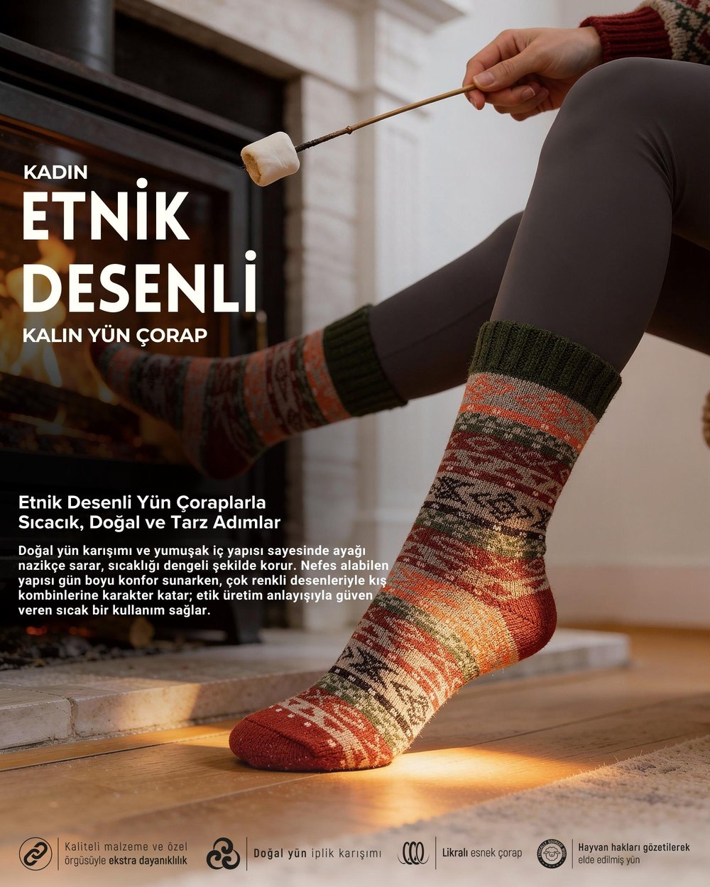 Kadın Etnik Desenli Kalın Yün Çorap