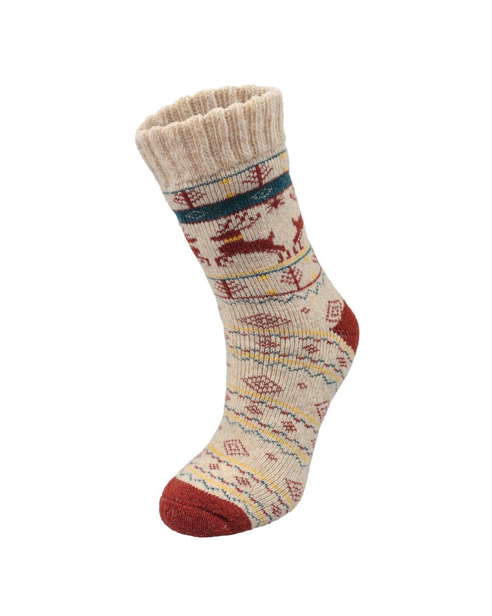 Kadın Geyik Desenli Yün Çorap Krem