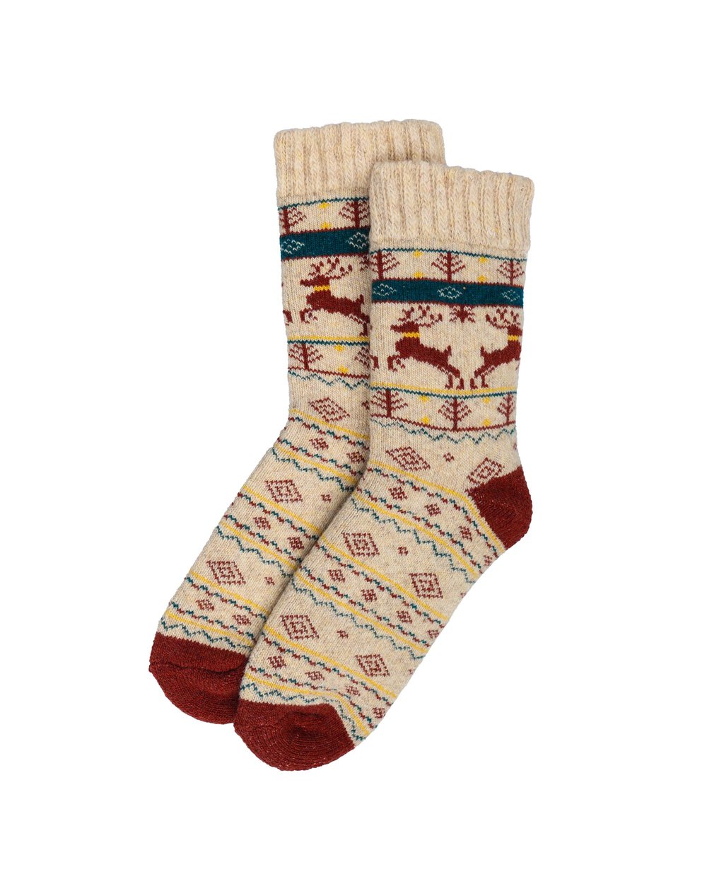 Kadın Geyik Desenli Yün Çorap Krem