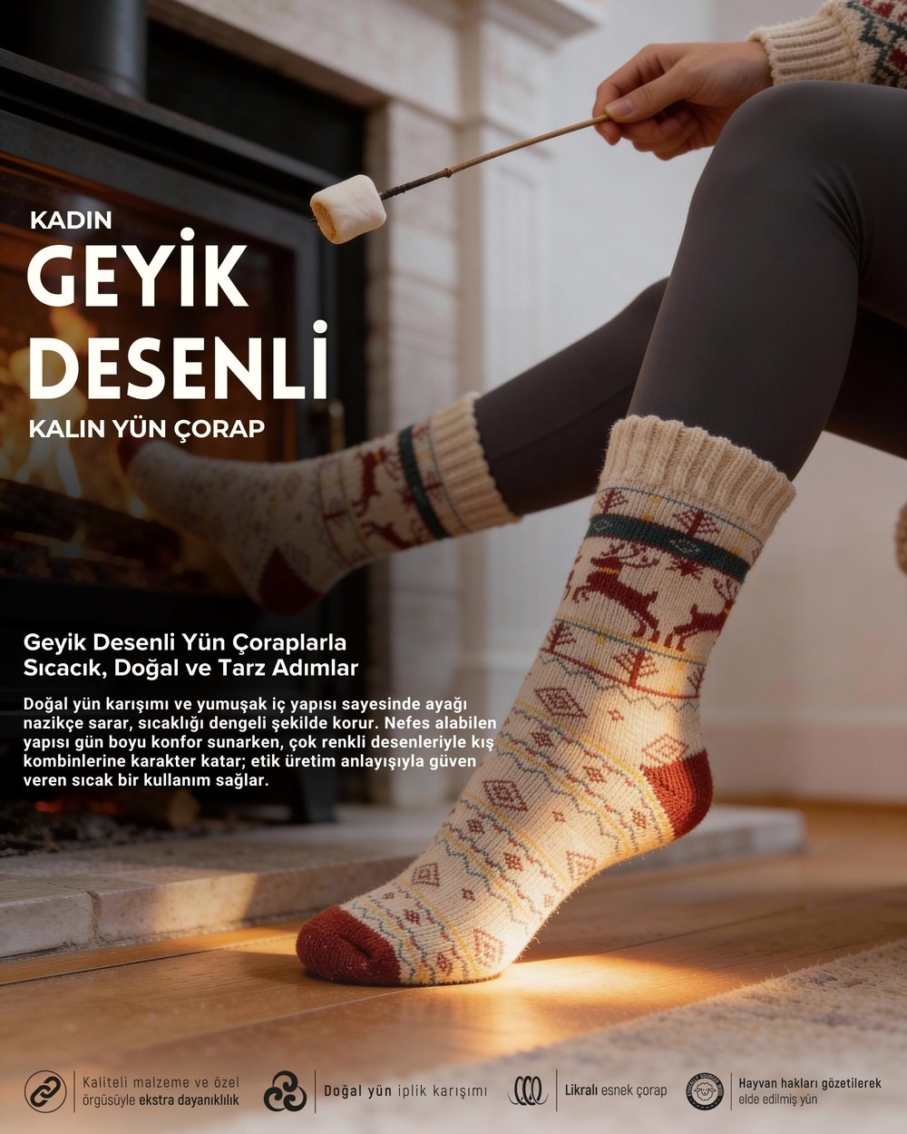 Kadın Geyik Desenli Yün Çorap Krem