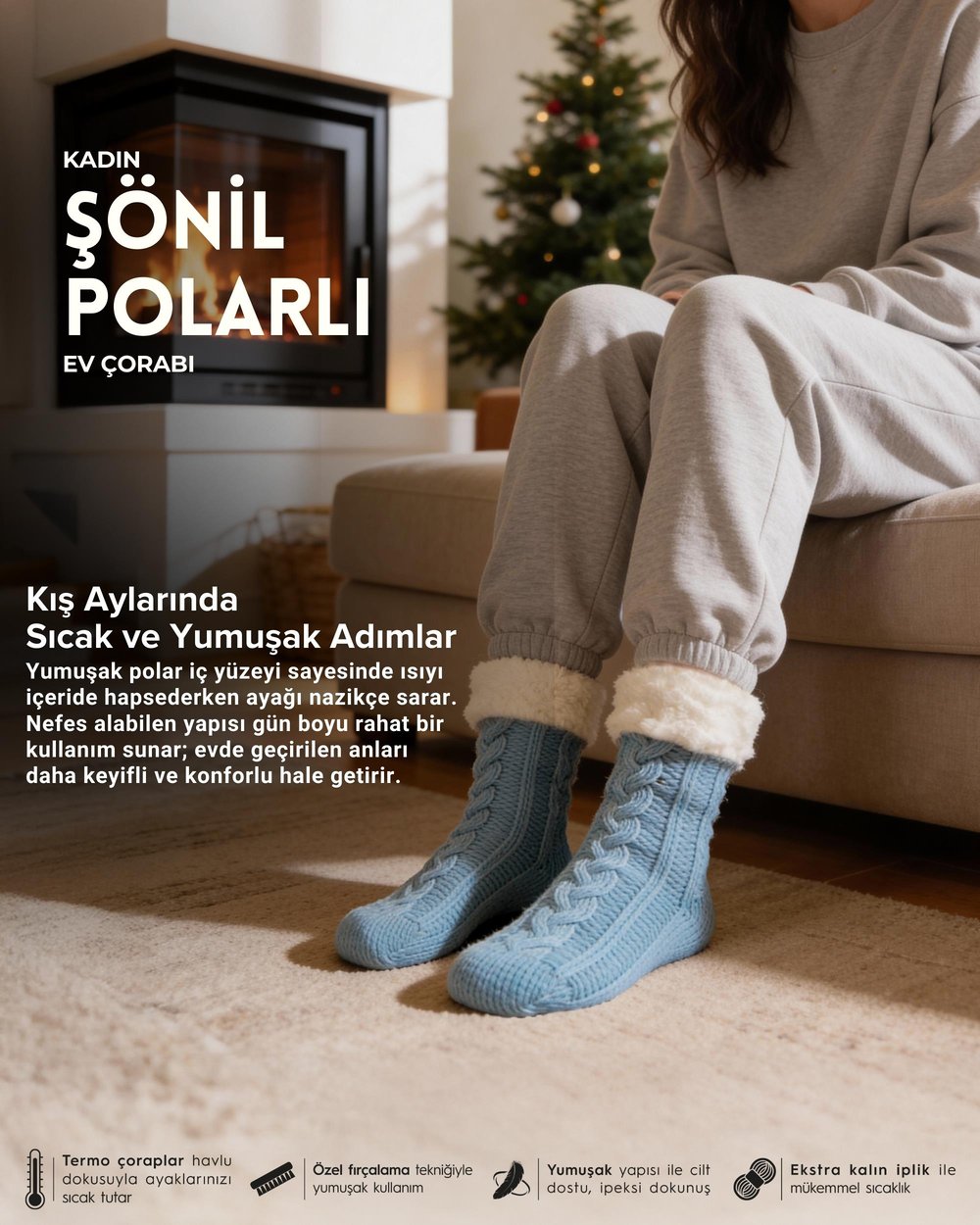 Kadın Şönil İçi Polarlı Ev Çorabı Mavi