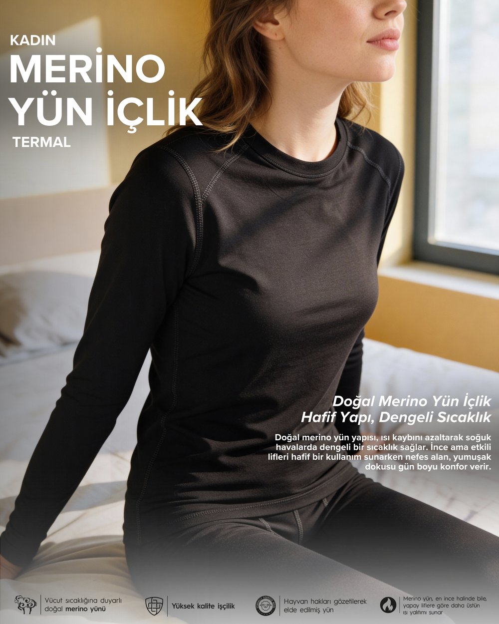 Kadın Termal Merino Yün İçlik Siyah Üst