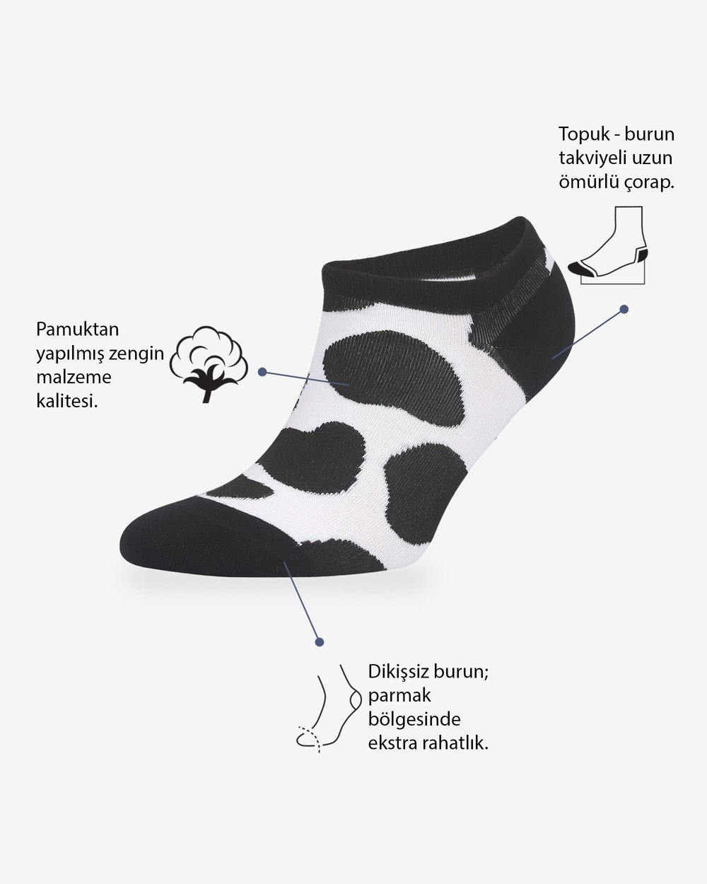 Milky Desenli Siyah Beyaz Eşi Farklı Kısa Patik Bilek Çorap