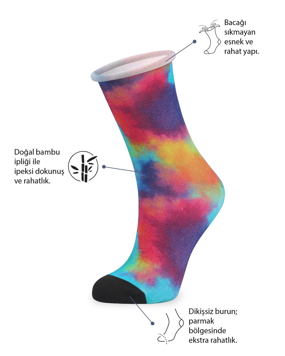 Kadın Roll Top Lastiksiz Batik Desen Canlı Renkler