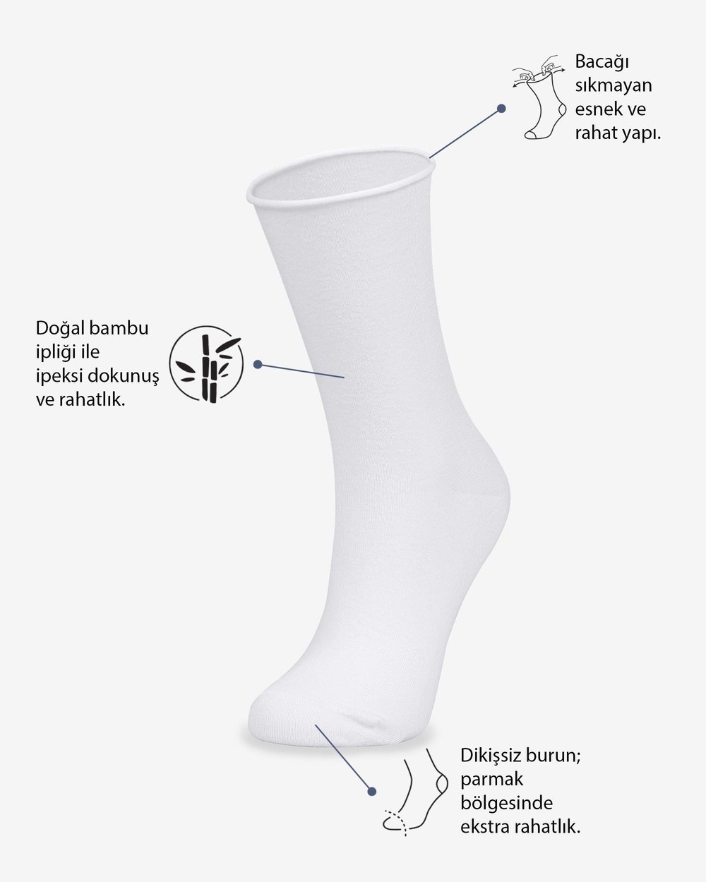 Kadın Roll Top Lastiksiz Bambu Çorap Beyaz