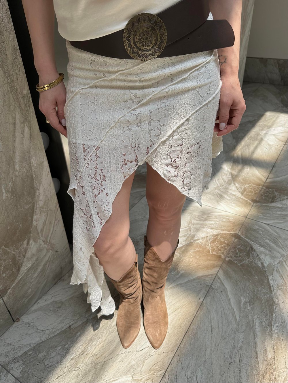 BOHO KREM DANTEL İŞLEMELİ ETEK