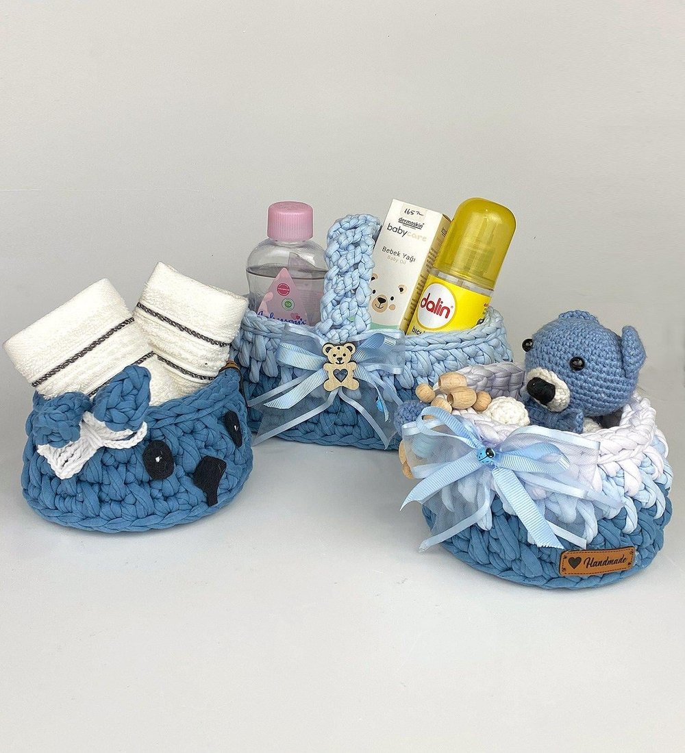 Ng Gifts El Emeği Dekoratif Erkek Bebek 3'lü Örgü Sepet Hediye Seti