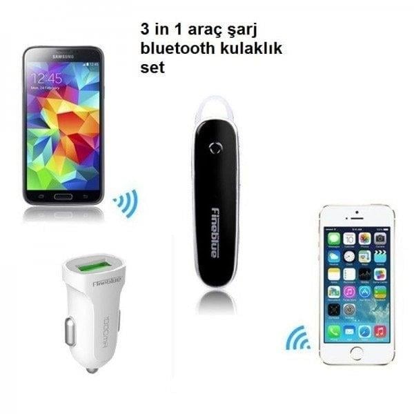 Fineblue Fsx2 3 in 1 (araba) araç şarj aleti + kablosuz bluetooth kulaklık Micro usb Kablo Dahil Siyah