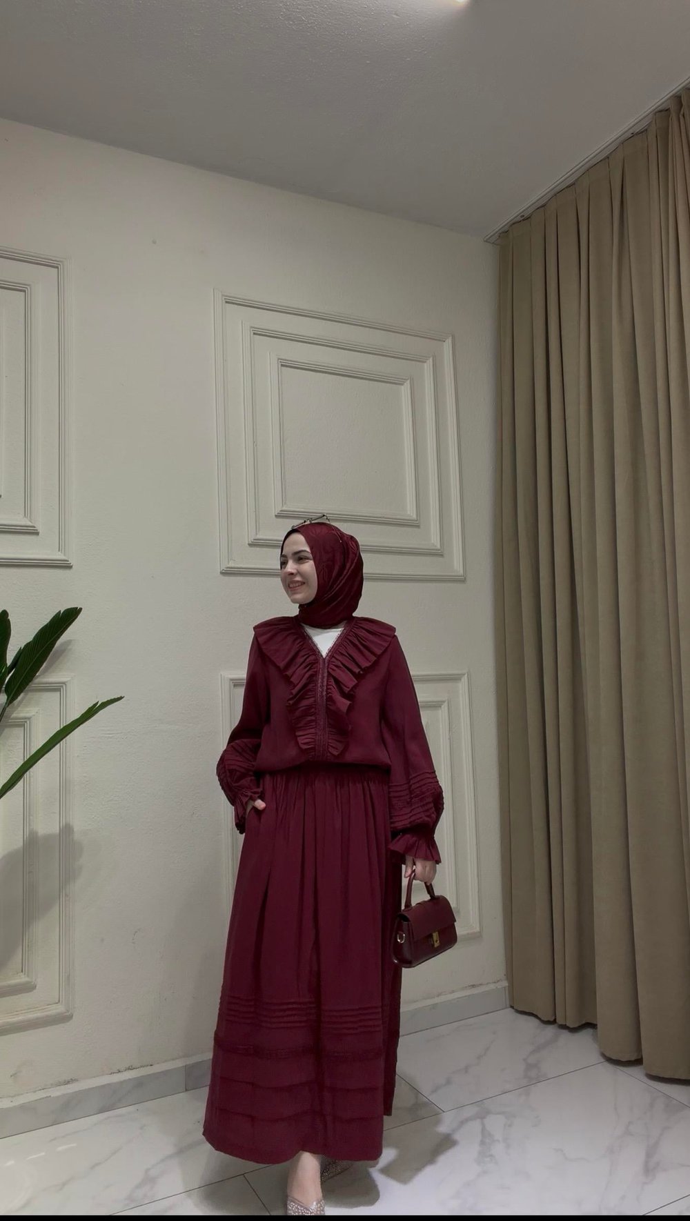 BORDO RENK VIKTORYEN  KUMAŞ ETEKLİ İKİLİ TAKIM 