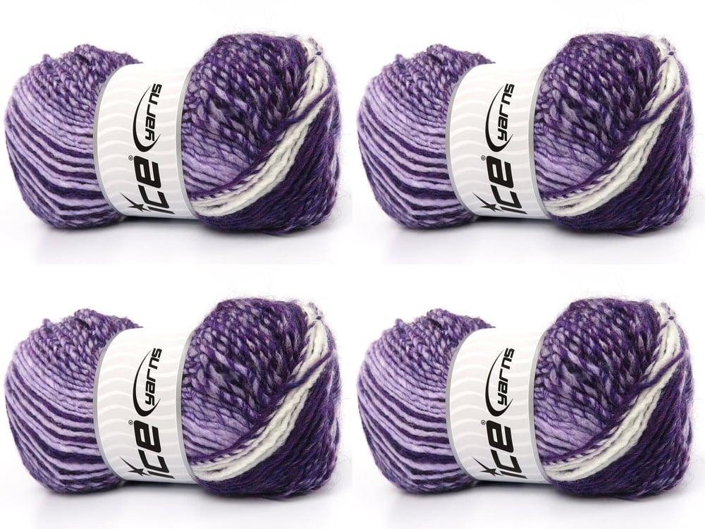 4x100gr. ANATOLIA WOOL CORD Beyaz, Mor Tonları Yün, Akrilik Kışlık, Yün, Batik Desenli, Akrilik