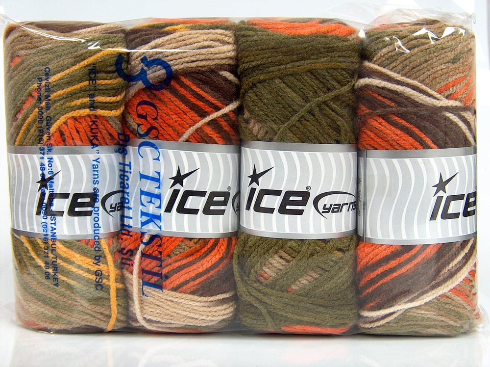 4x100gr. AMBIANCE Kahverengi, Yeşil, Turuncu, Altın, Deve Tüyü Premium Akrilik Kışlık, Bebe, Batik Desenli, 100% Akrilik