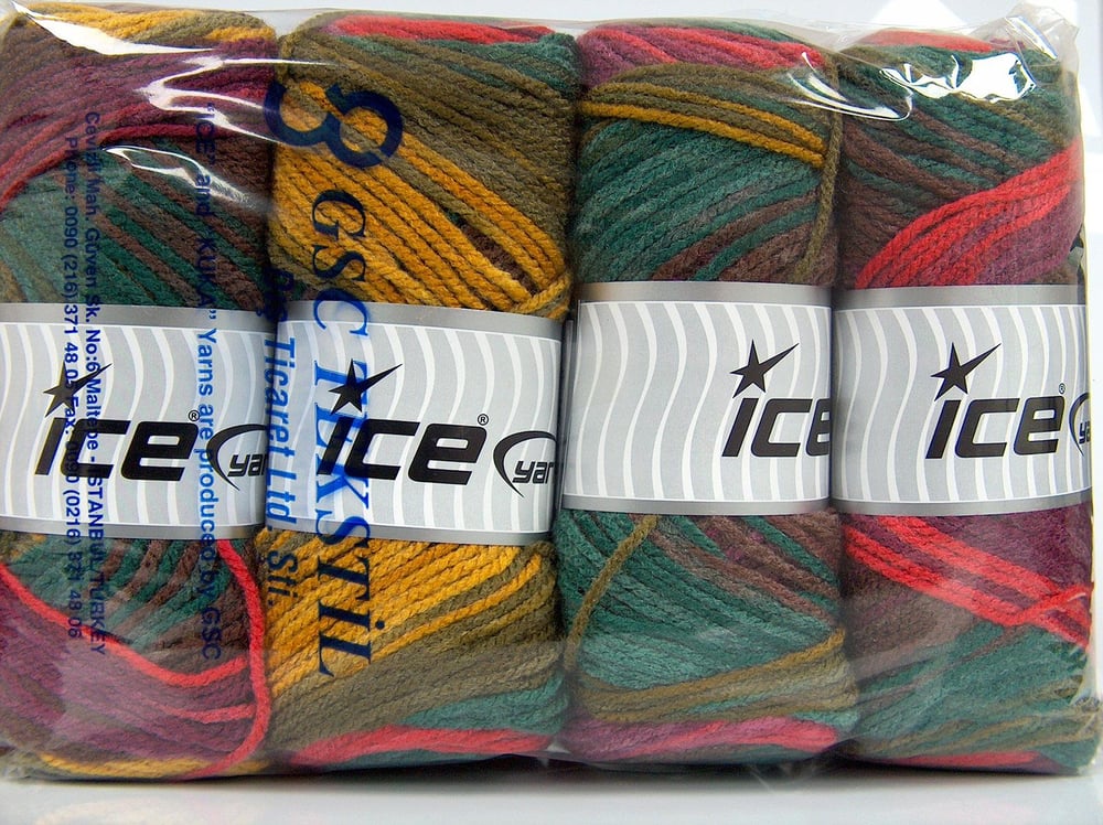 4x100gr. AMBIANCE Kırmızı, Altın, Yeşil Tonları Premium Akrilik Kışlık, Bebe, Batik Desenli, 100% Akrilik