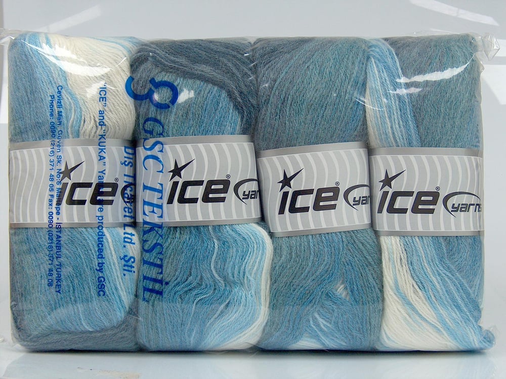 4x100gr. ANGORA BATIK Mavi Tonları, Ekru Angora, Yün, Akrilik Kışlık, Angora, Batik Desenli