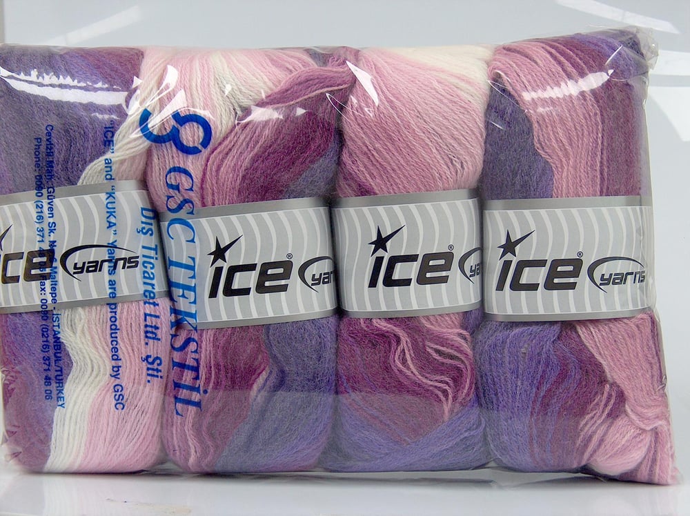 4x100gr. ANGORA BATIK Mor, Pembe tonları, Ekru Angora, Yün, Akrilik Kışlık, Angora, Batik Desenli