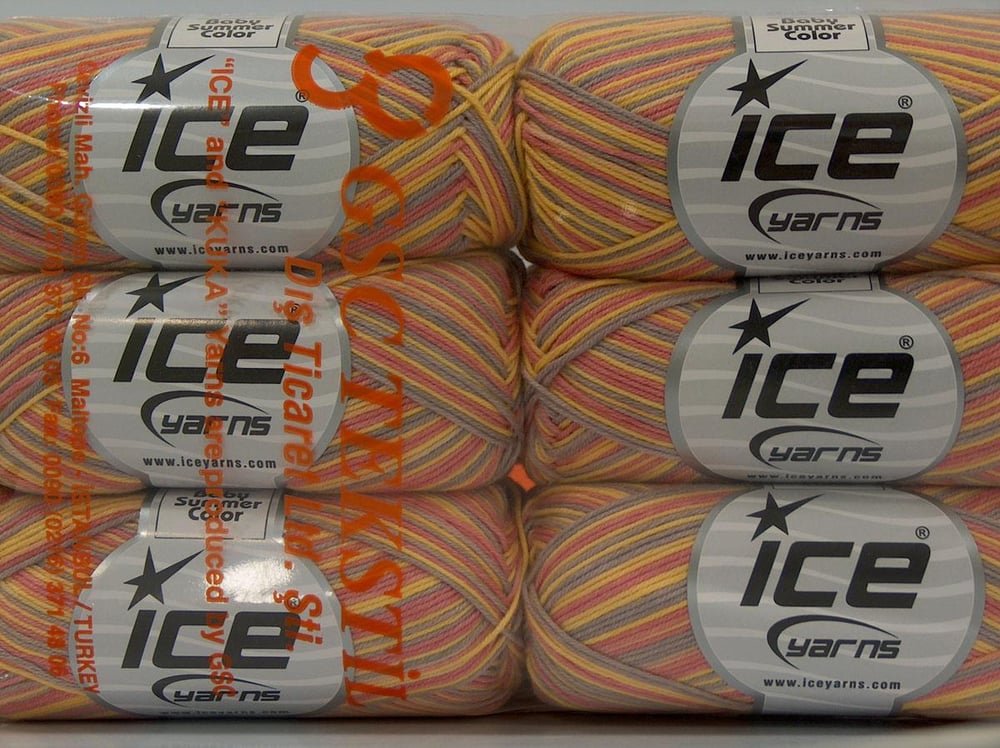 6x50gr. BABY SUMMER COLOR Pembe, Sarı, Açık Lila Pamuk, Akrilik Bebe, Yazlık İplikler, Pamuk, Batik Desenli