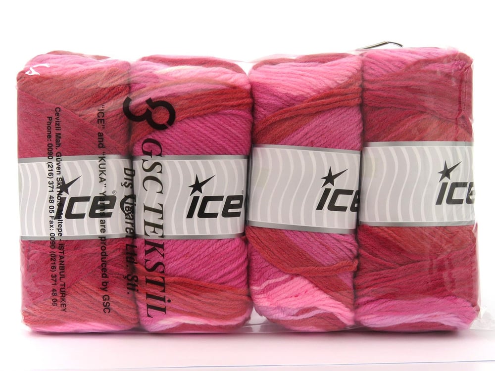 4x100gr. BIG BANG Kırmızı, Pembe tonları, Açık Lila Akrilik Kışlık, Düz iplikler, Batik Desenli, Worsted, 100% Akrilik , Akrilik