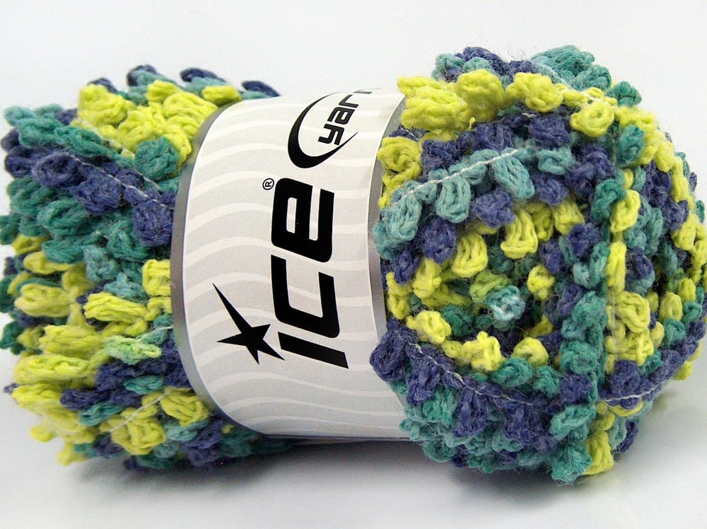 4x100gr. BOUCLERON CHAIN Yeşil Tonları, Kot Mavisi Akrilik Buklet, Çok Kalın, Batik Desenli