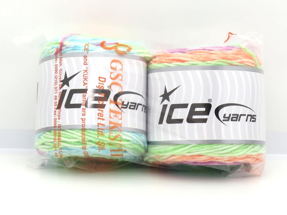 2x140gr. CAKES SPLASH Yeşil, Turuncu, Turkuaz, Fuşya Akrilik Kışlık, Düz iplikler, Batik Desenli, Worsted, 100% Akrilik