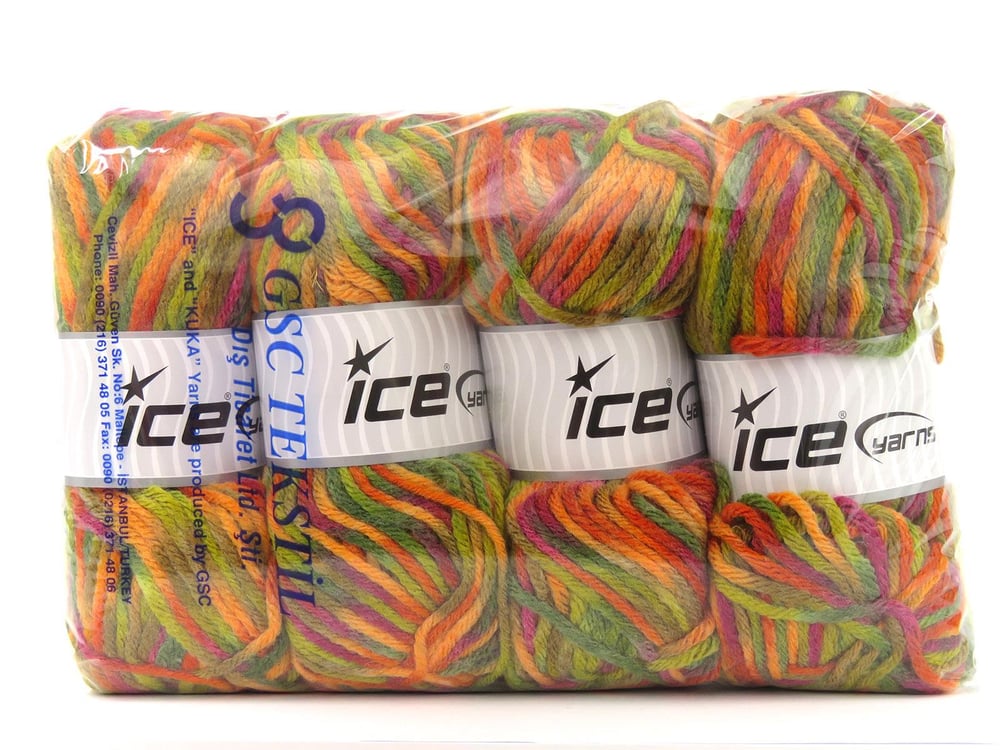 4x100gr. CARNIVAL Fuşya, Yeşil Tonları, Altın tonları Yün, Premium Akrilik Kışlık, Yün, Batik Desenli, Kalın, Akrilik