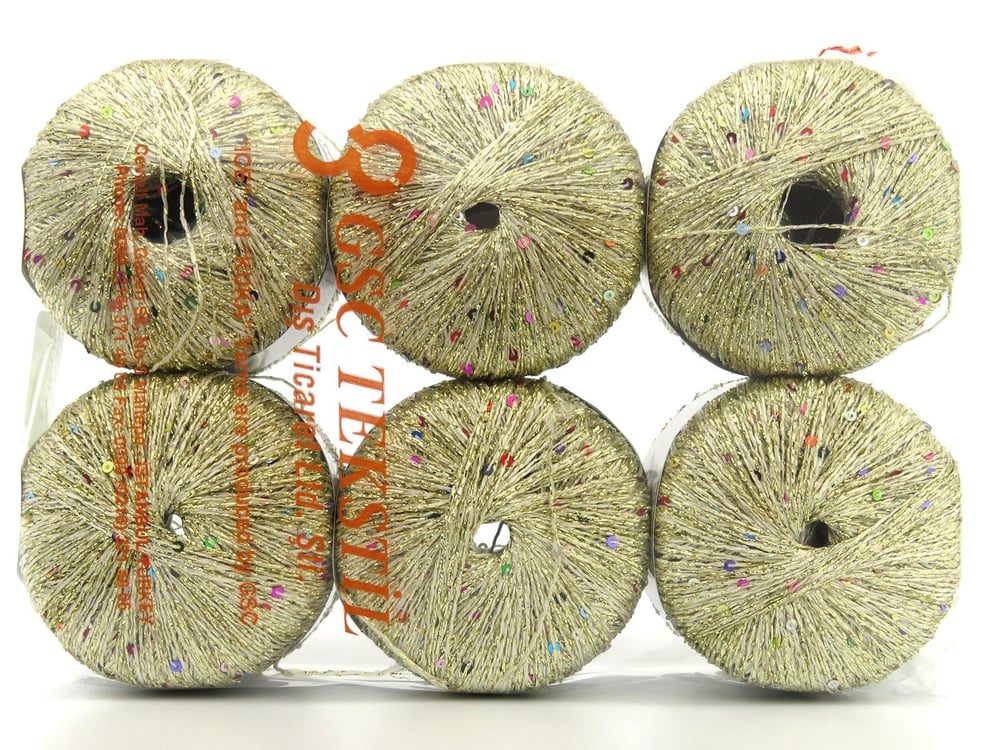 6x25gr. DAZZLE PAILLETTE Altın, Gökkuşağı Metalik Simli Metalik Simli, Yazlık İplikler, Boncuklu Pullu