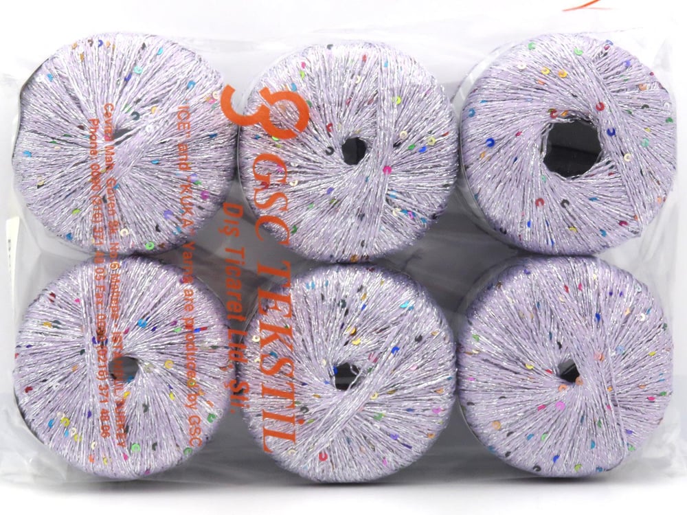 6x25gr. DAZZLE PAILLETTE Gökkuşağı, Açık Lila Metalik Simli Metalik Simli, Yazlık İplikler, Boncuklu Pullu
