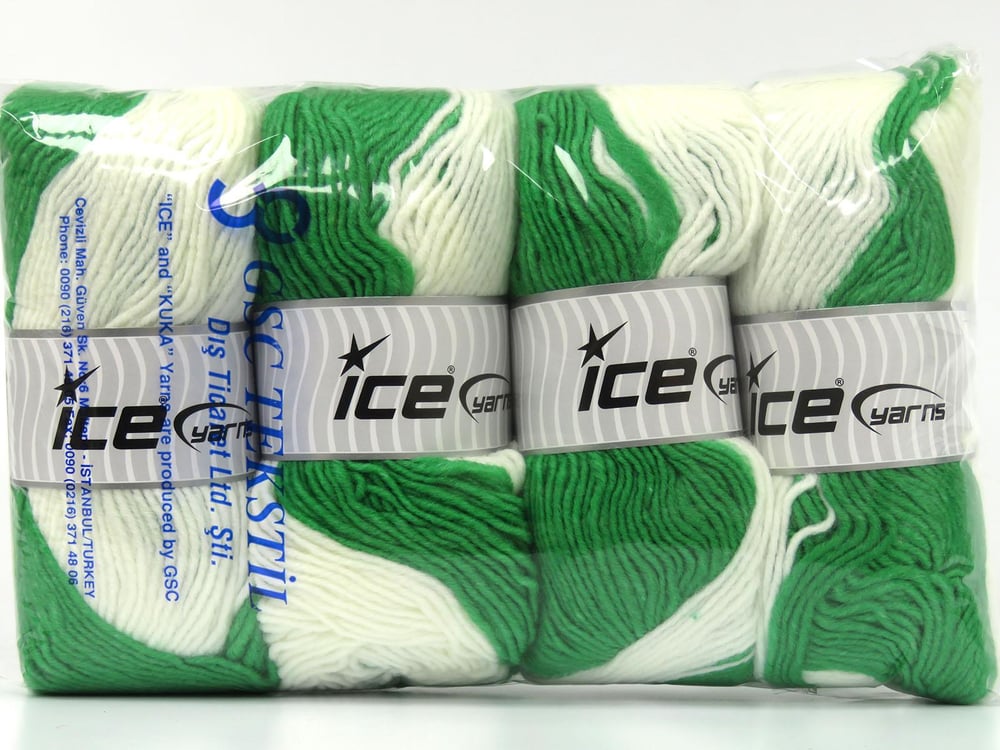 4x100gr. FANTASIA Yeşil, Beyaz Yün, Premium Akrilik Kışlık, Yün, Batik Desenli, Worsted